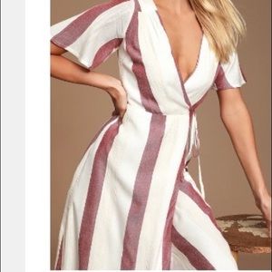 Cream and red striped wrap midi dress